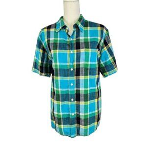 Women’s Plaid Button Down Short Sleeve Cotton Shirt Size L